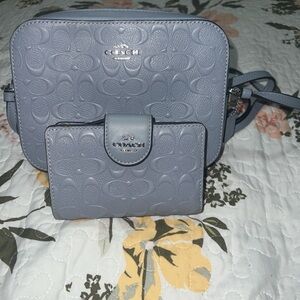 Coach Mini Camera Bag in Signature Leather and Wallet Set - Twilight Blue